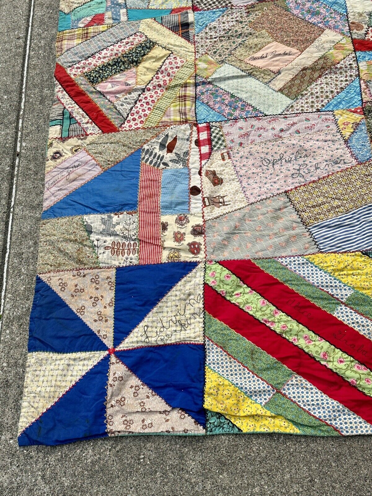 Early American Crazy Quilt, 1800s Embroidery, 69" x 80