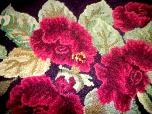 Handmade Early 1900s Hooked Rug with Roses