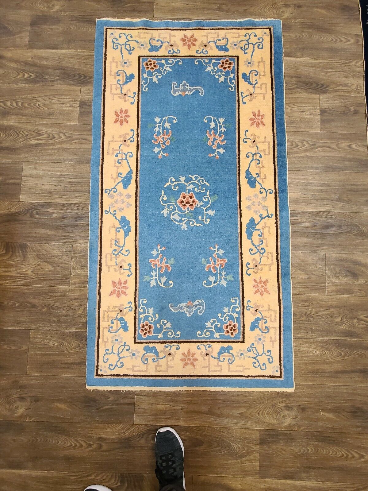 Authentic Antique Chinese Light Blue Handwoven Rug