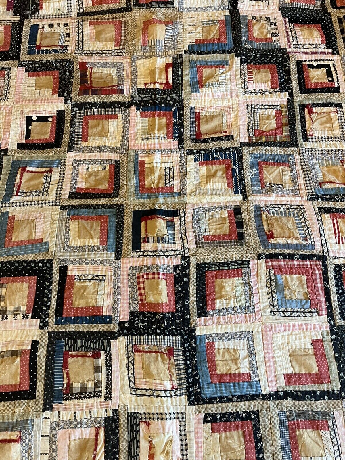 Victorian Handstitched Log Cabin Quilt, 1800s
