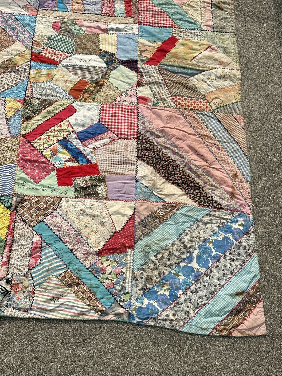 Early American Crazy Quilt, 1800s Embroidery, 69" x 80