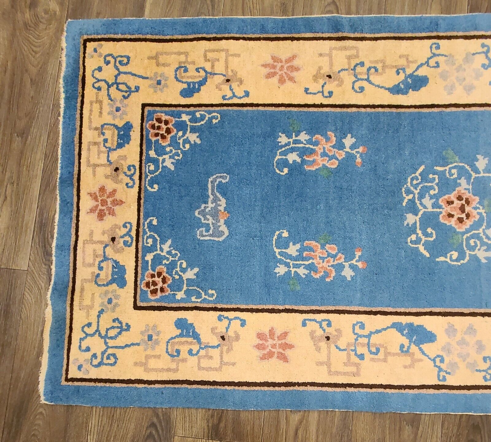 Authentic Antique Chinese Light Blue Handwoven Rug