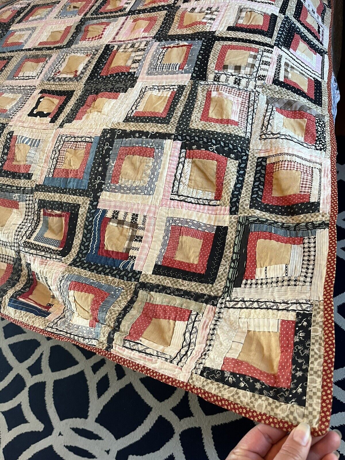 Victorian Handstitched Log Cabin Quilt, 1800s
