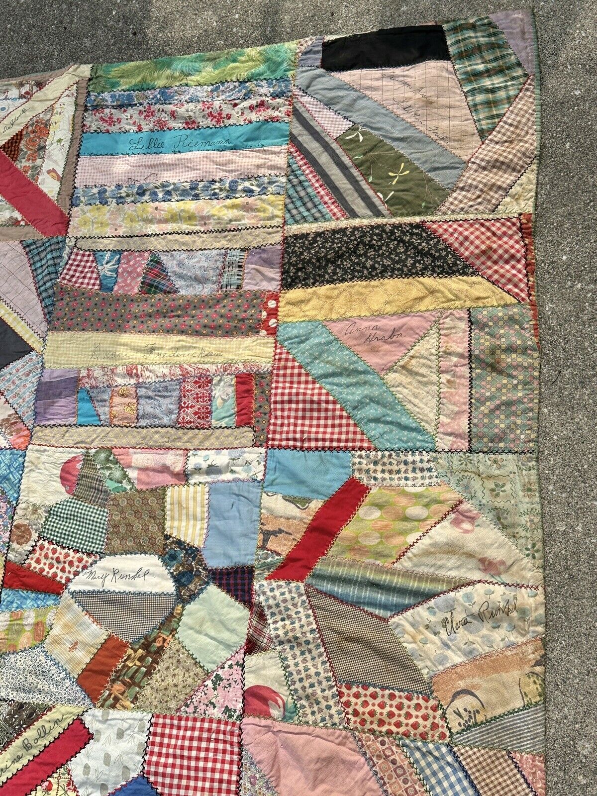 Early American Crazy Quilt, 1800s Embroidery, 69" x 80