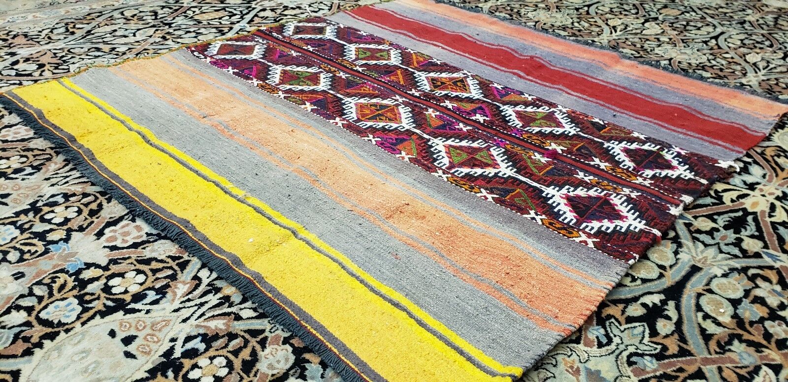 Vintage 1940s-50s Camel Bag Sumak Folk-Art Rug