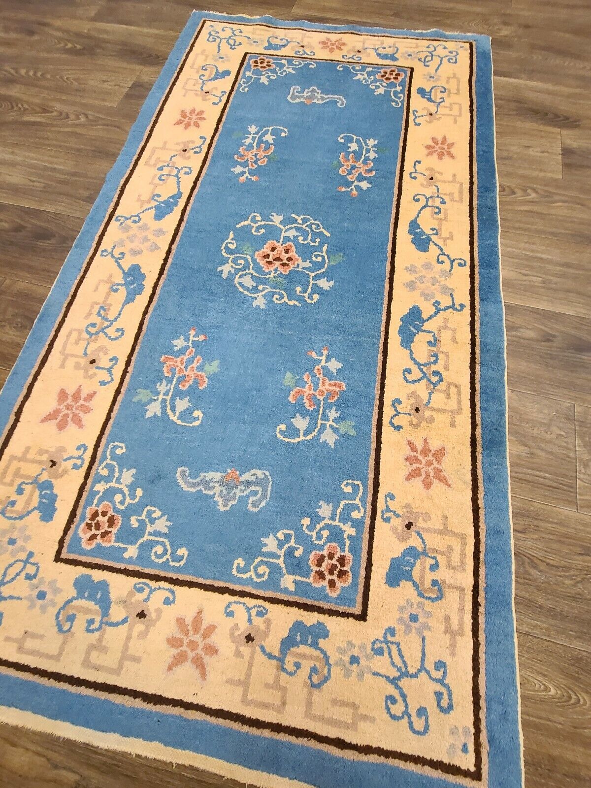 Authentic Antique Chinese Light Blue Handwoven Rug
