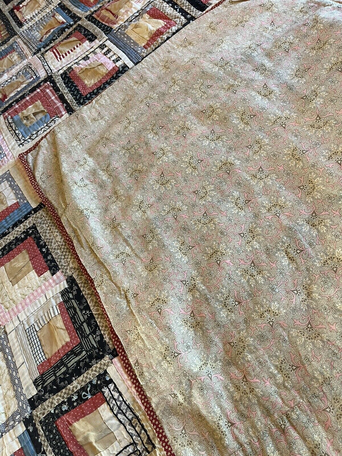 Victorian Handstitched Log Cabin Quilt, 1800s