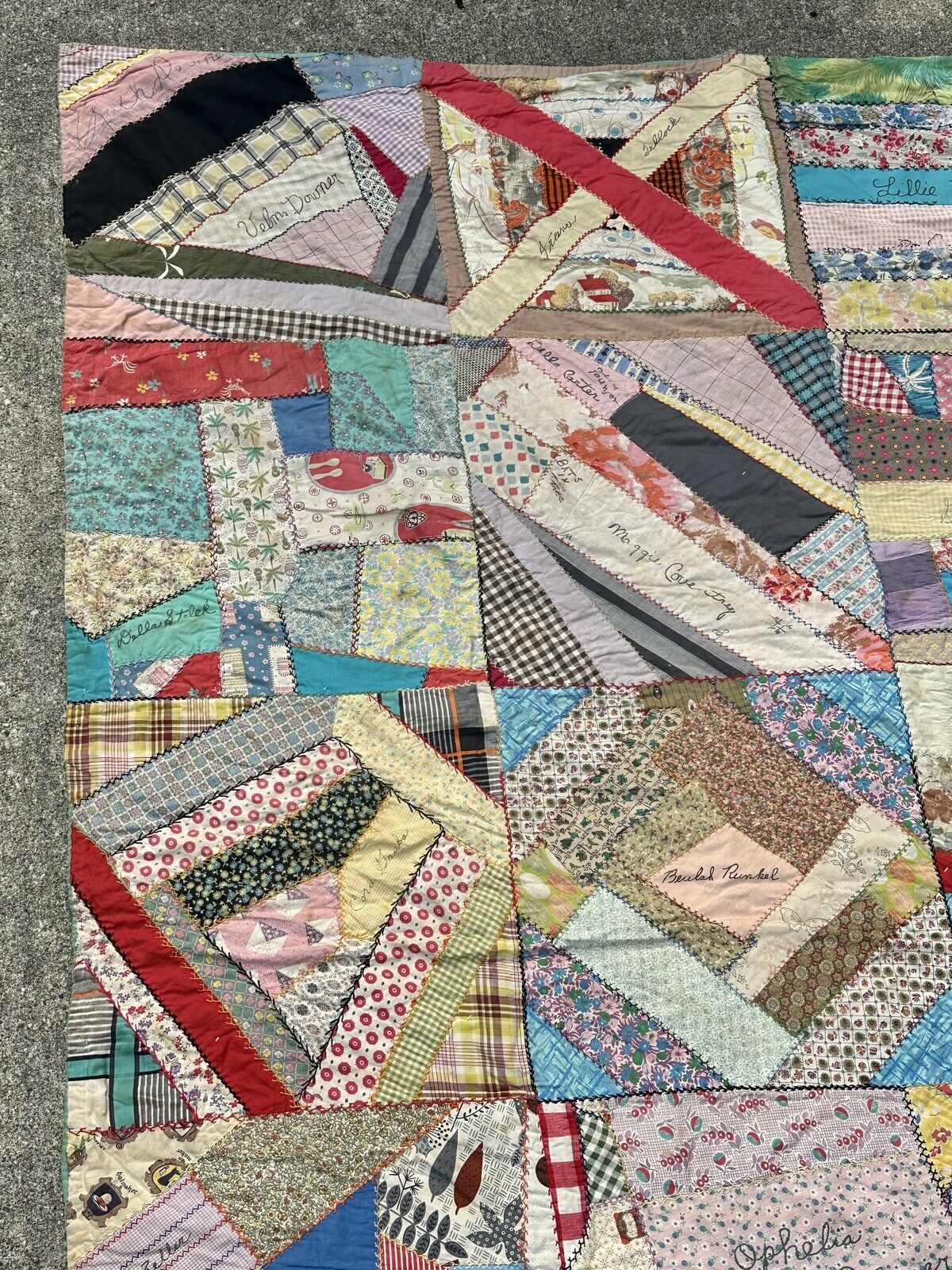 Early American Crazy Quilt, 1800s Embroidery, 69" x 80