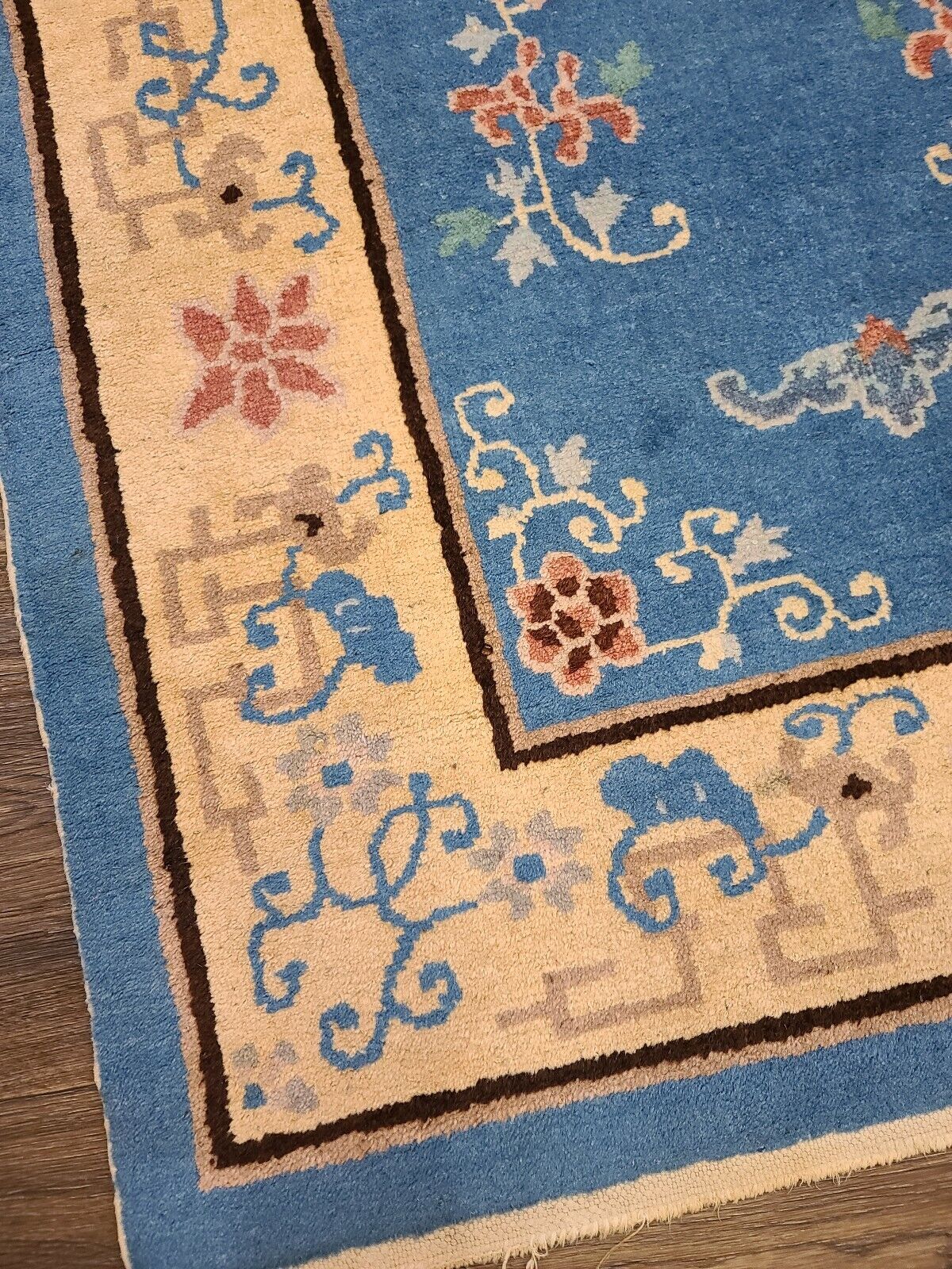 Authentic Antique Chinese Light Blue Handwoven Rug