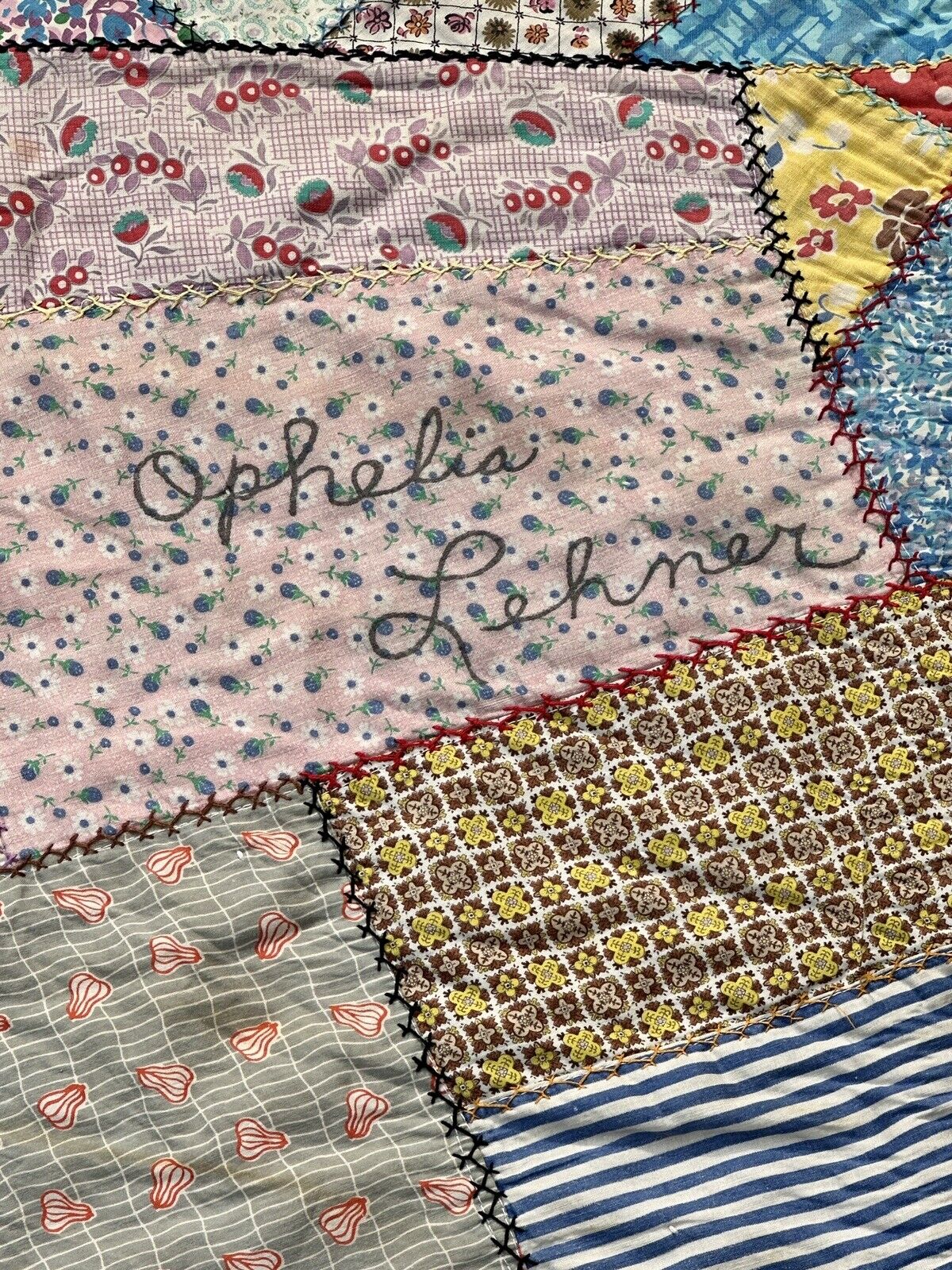 Early American Crazy Quilt, 1800s Embroidery, 69" x 80
