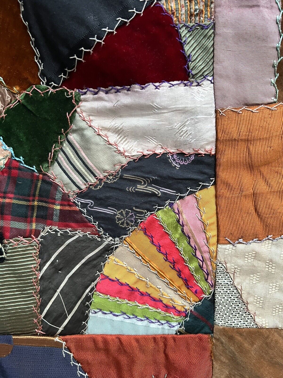 Victorian Crazy Quilt Top, 1800s Velvet Silk