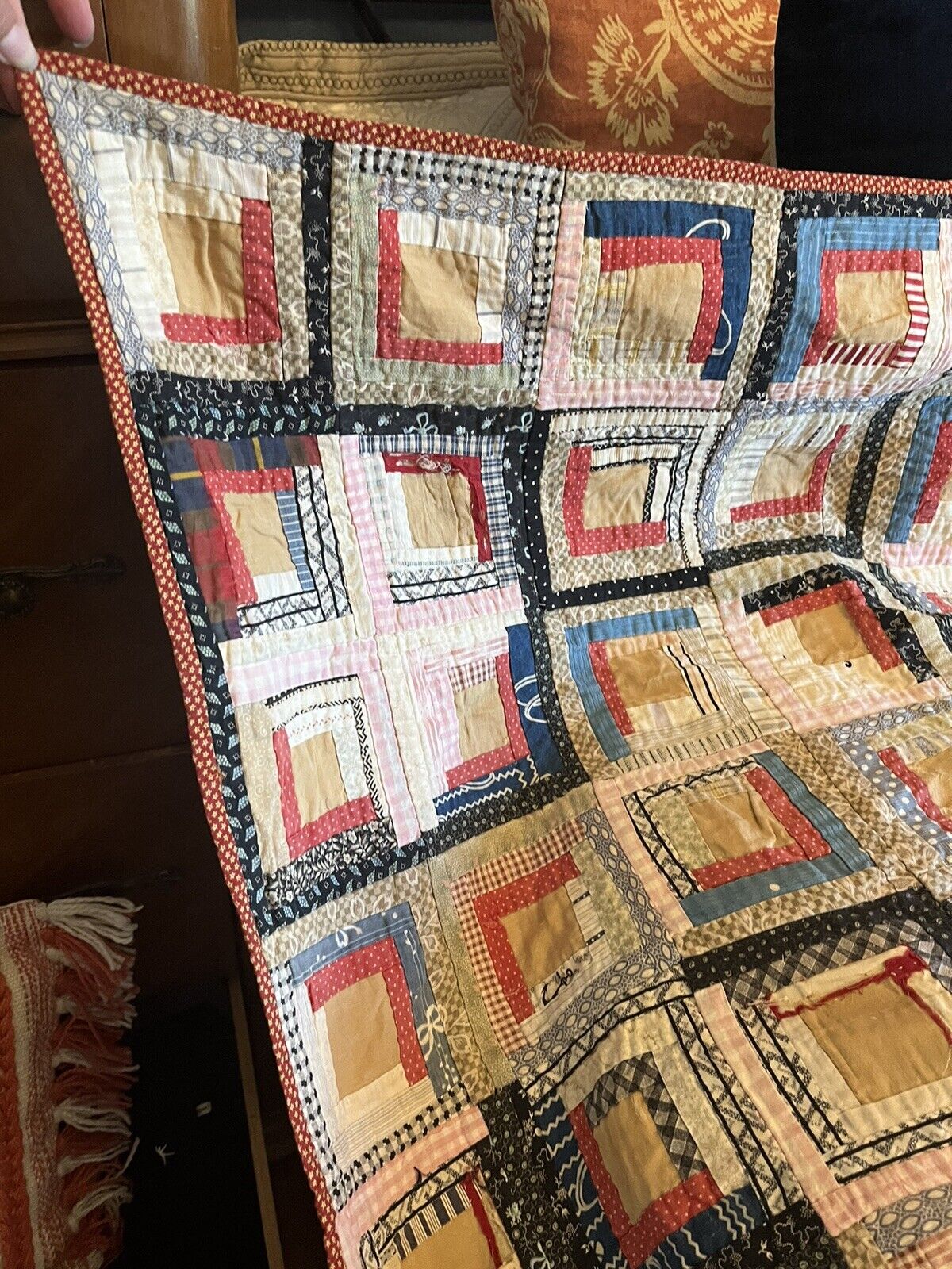 Victorian Handstitched Log Cabin Quilt, 1800s
