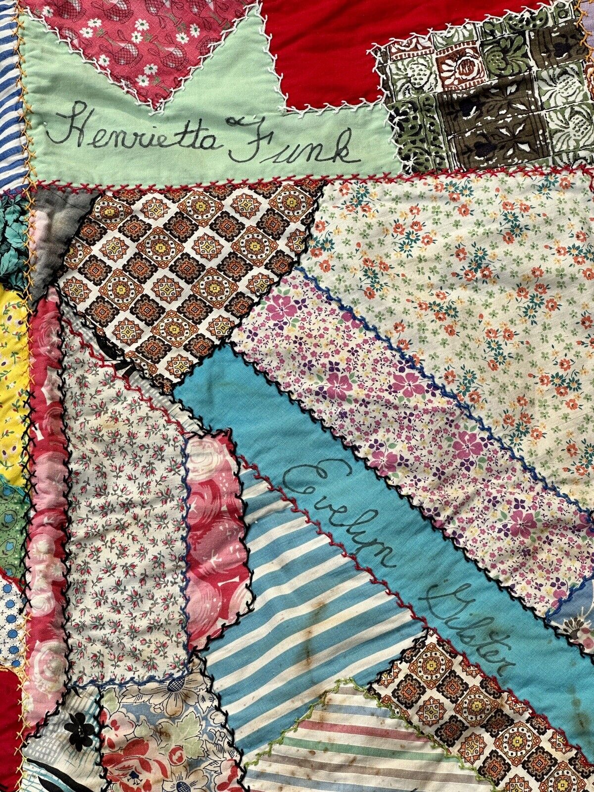 Early American Crazy Quilt, 1800s Embroidery, 69" x 80