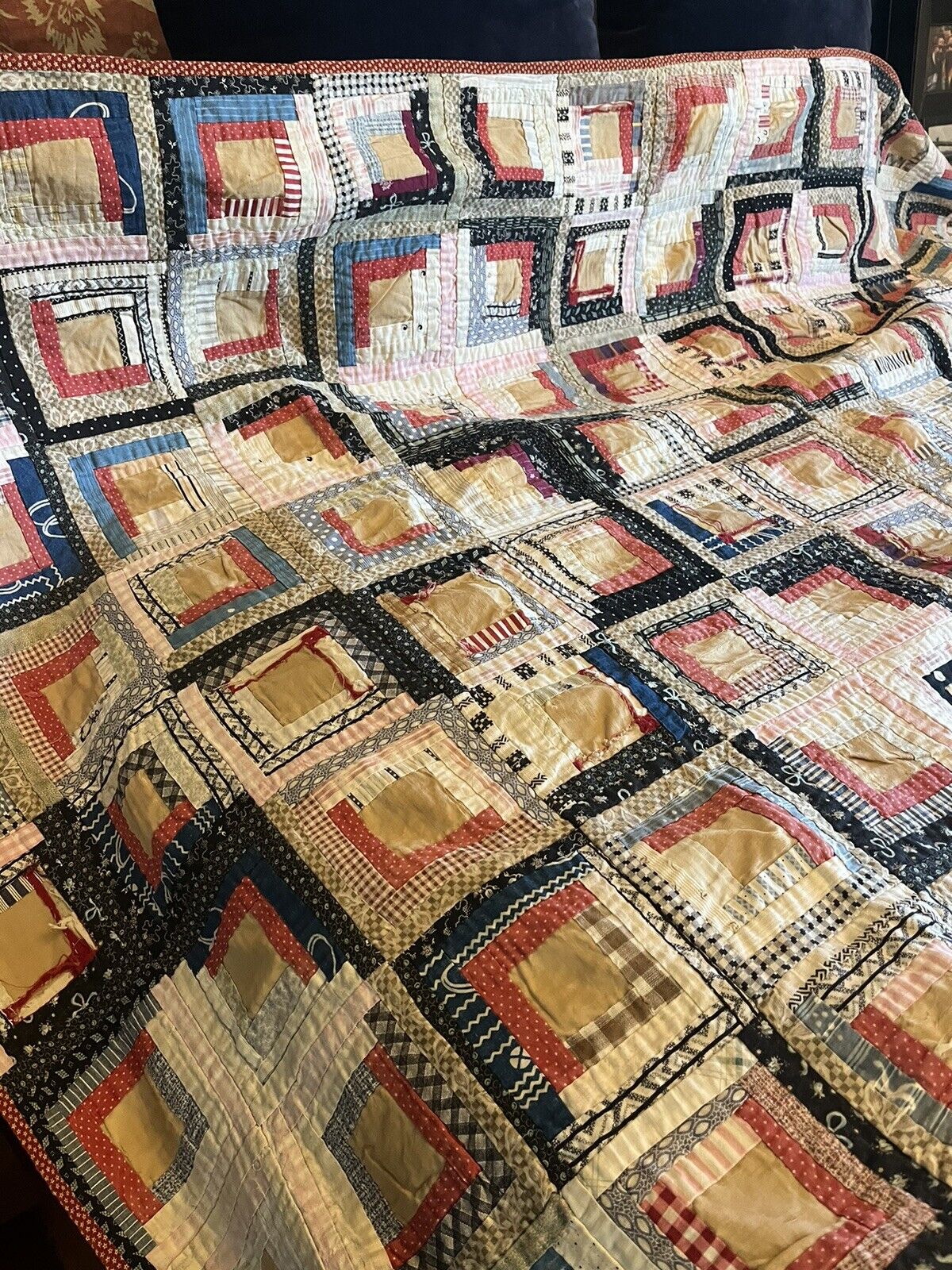 Victorian Handstitched Log Cabin Quilt, 1800s