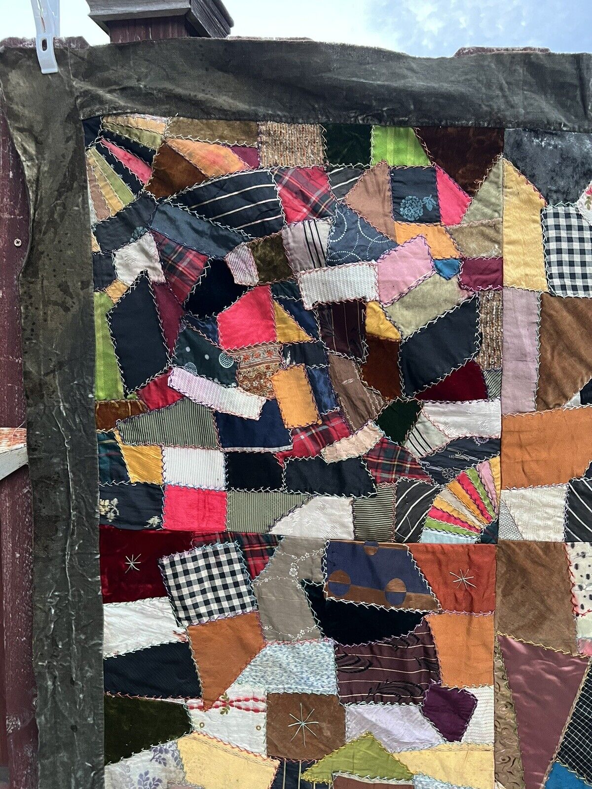 Victorian Crazy Quilt Top, 1800s Velvet Silk