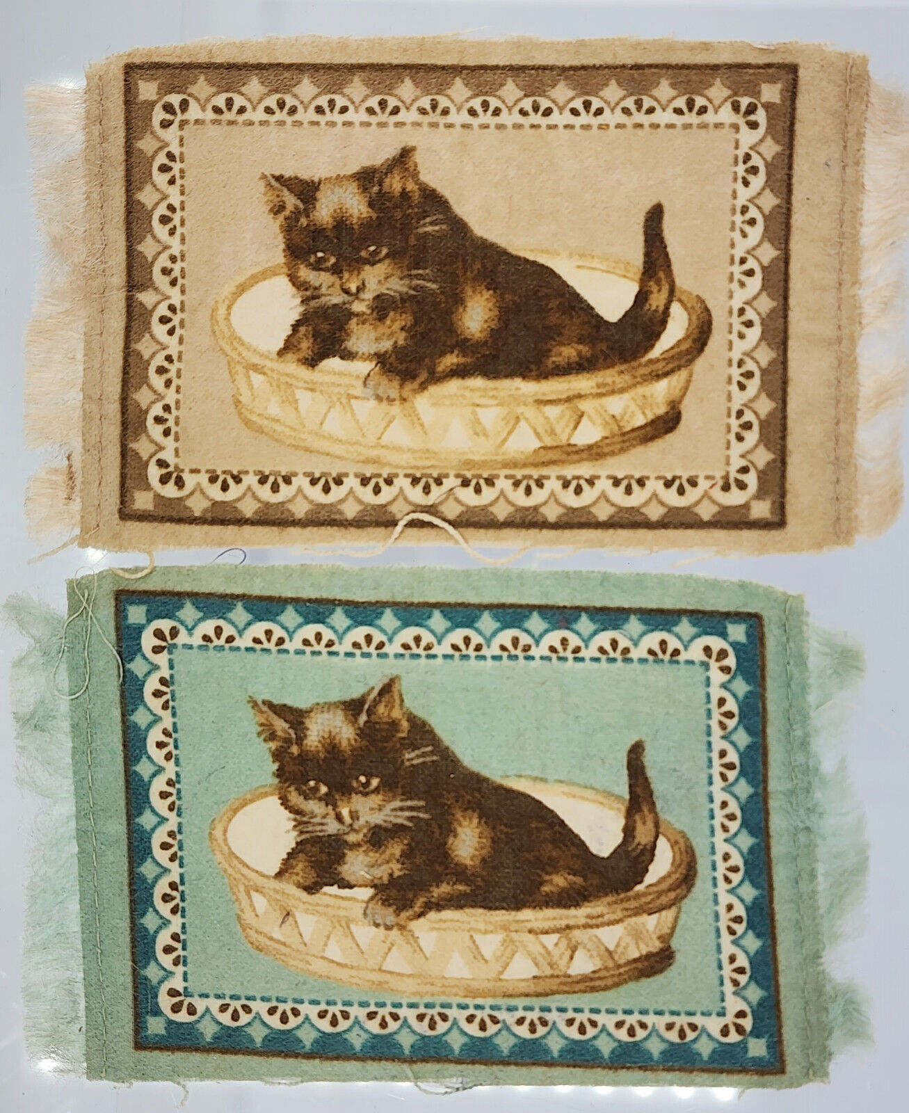 Antique 1900s Kitten Tobacco Felt Flannel Rug Pair