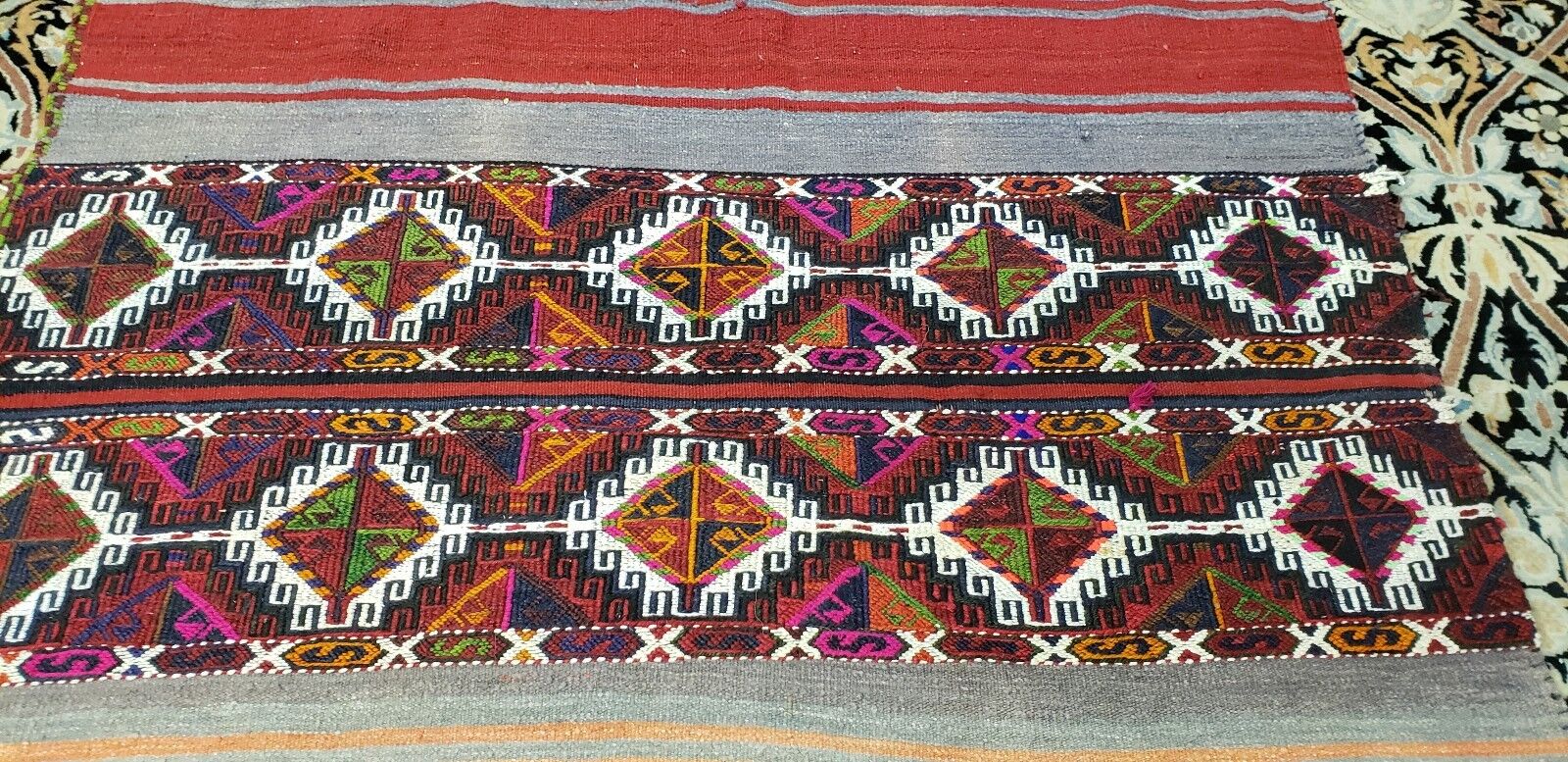 Vintage 1940s-50s Camel Bag Sumak Folk-Art Rug