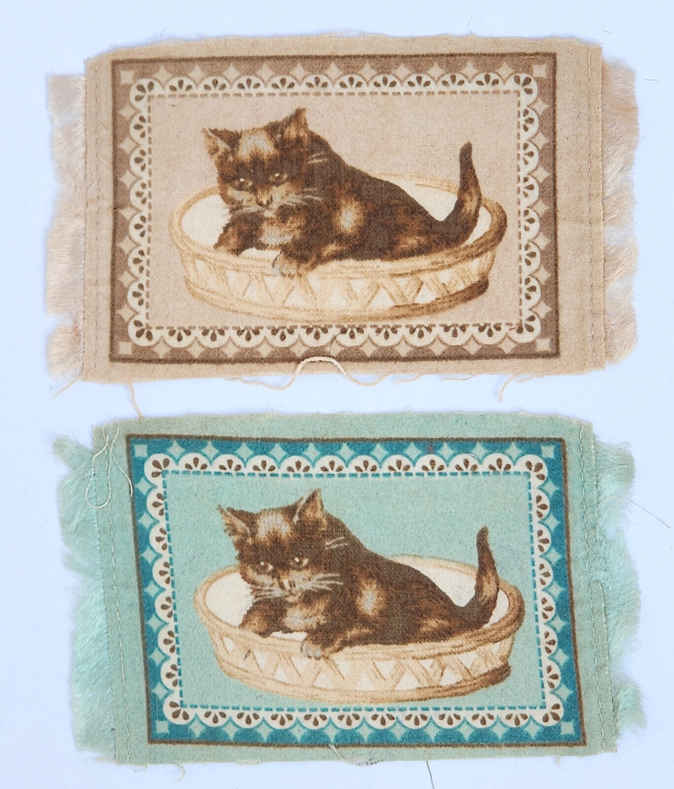 Antique 1900s Kitten Tobacco Felt Flannel Rug Pair
