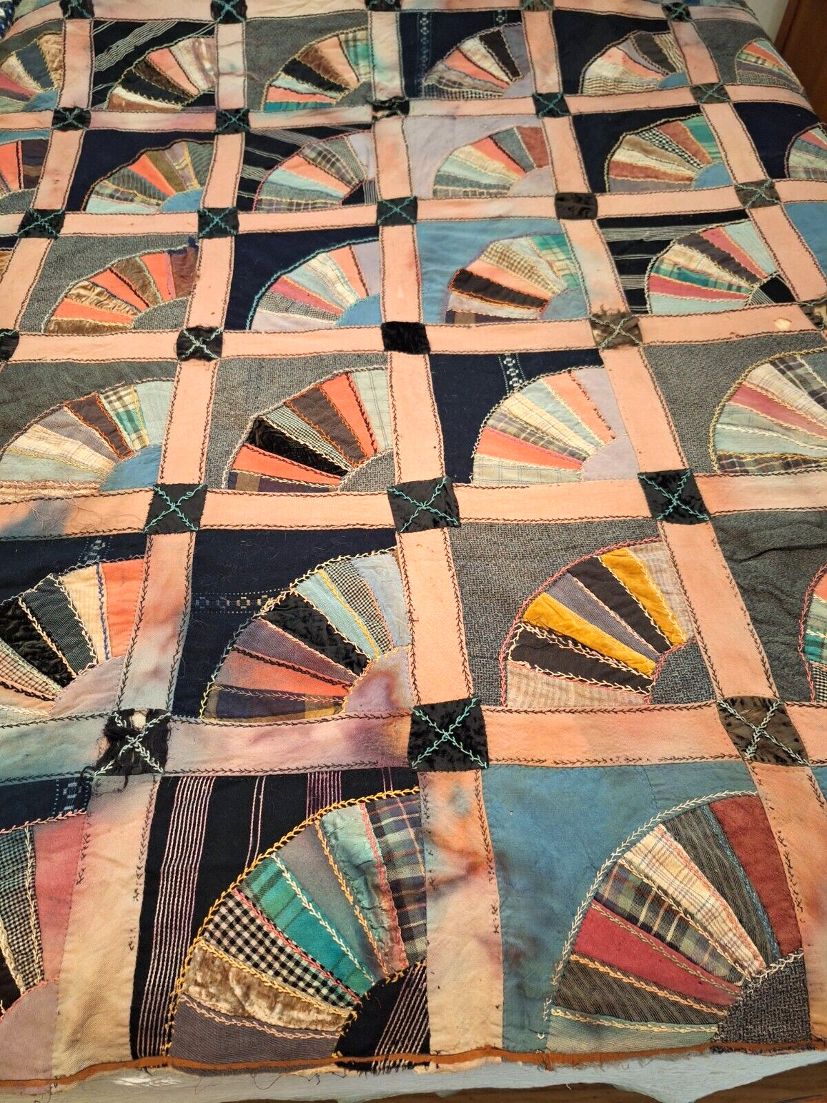 1800s Antique Silk Velvet Quilt with Embroidery