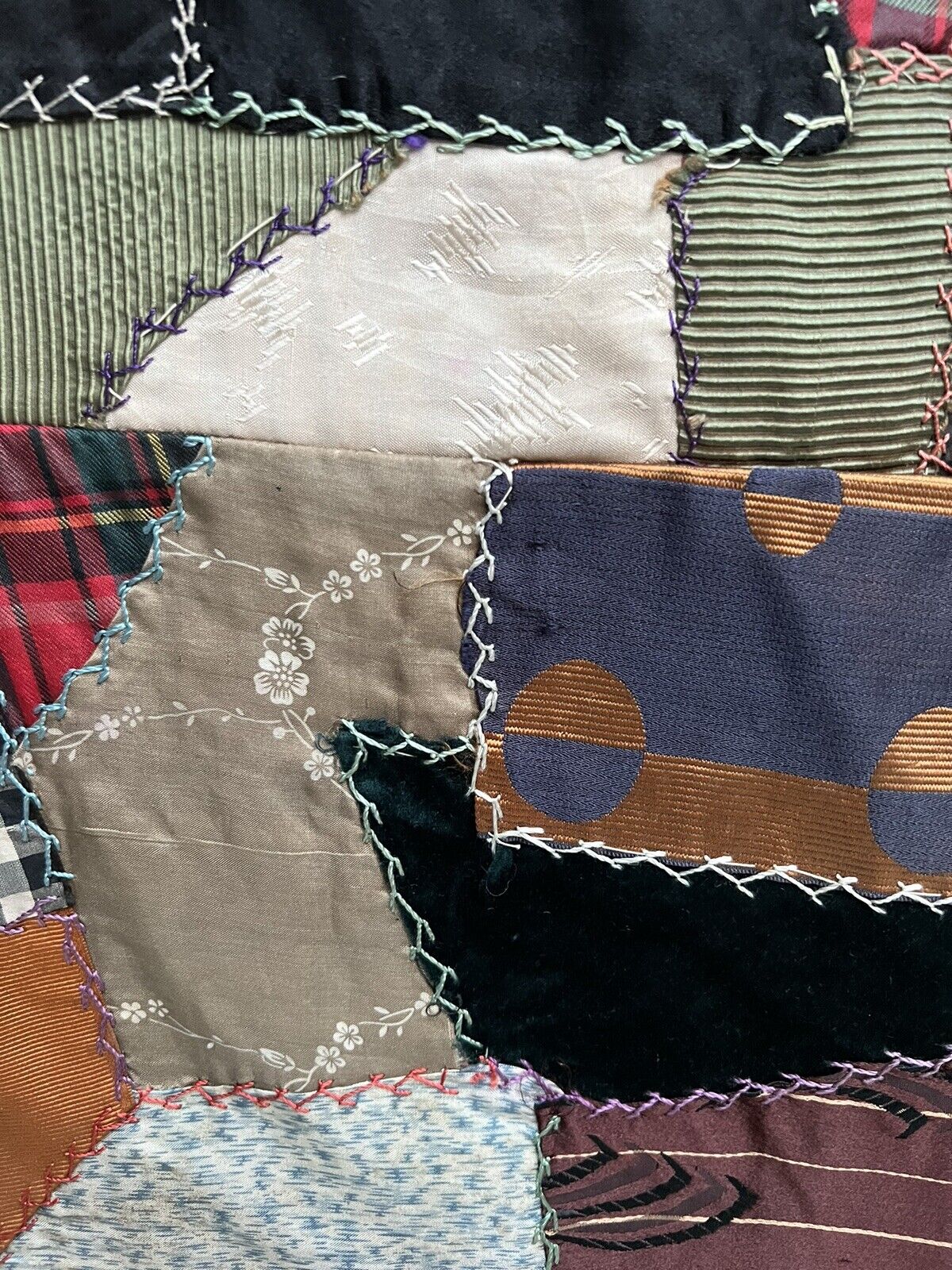 Victorian Crazy Quilt Top, 1800s Velvet Silk