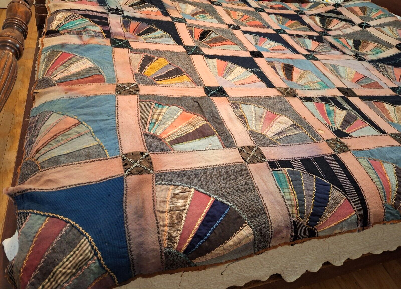 1800s Antique Silk Velvet Quilt with Embroidery