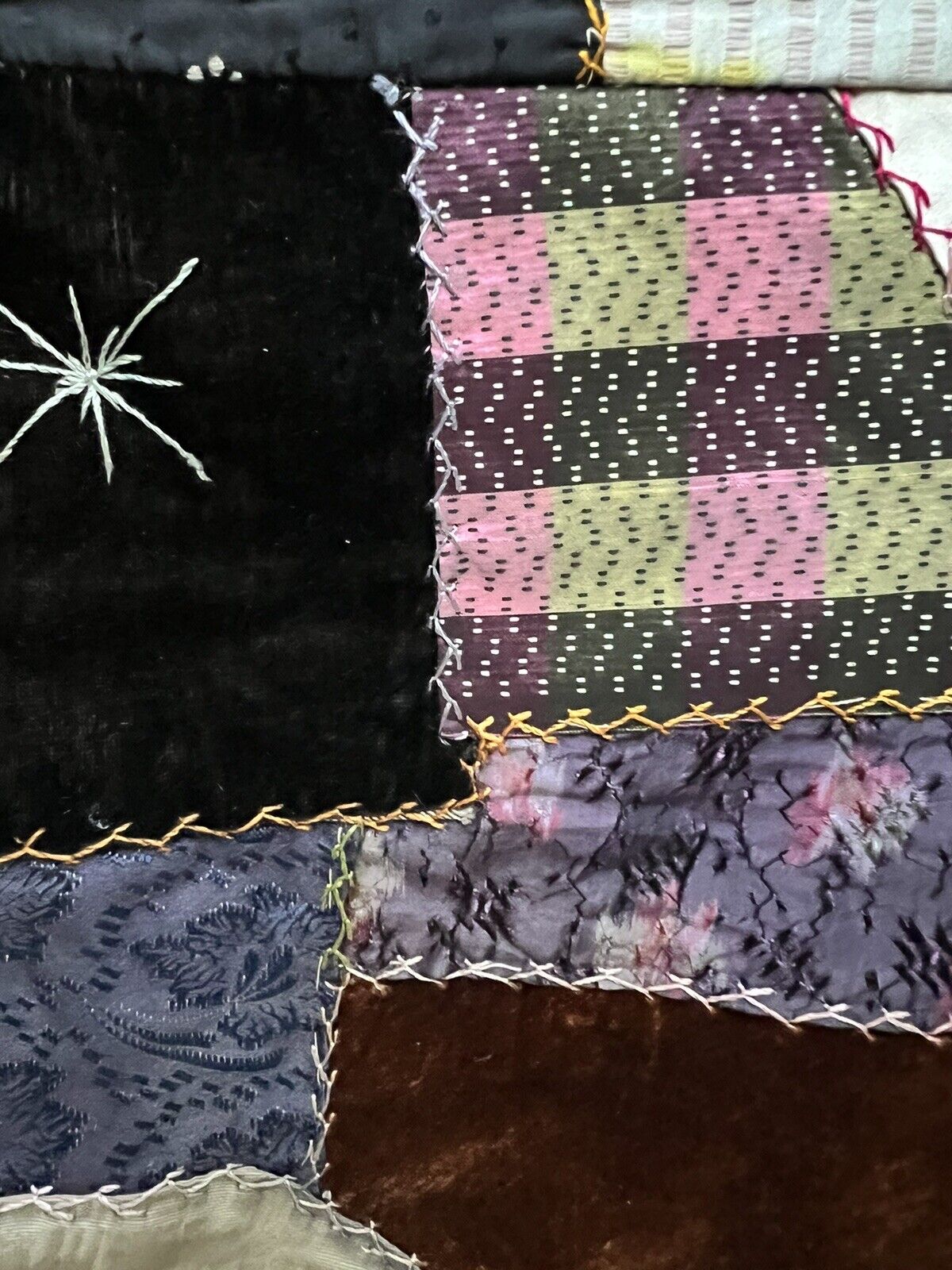 Victorian Crazy Quilt Top, 1800s Velvet Silk
