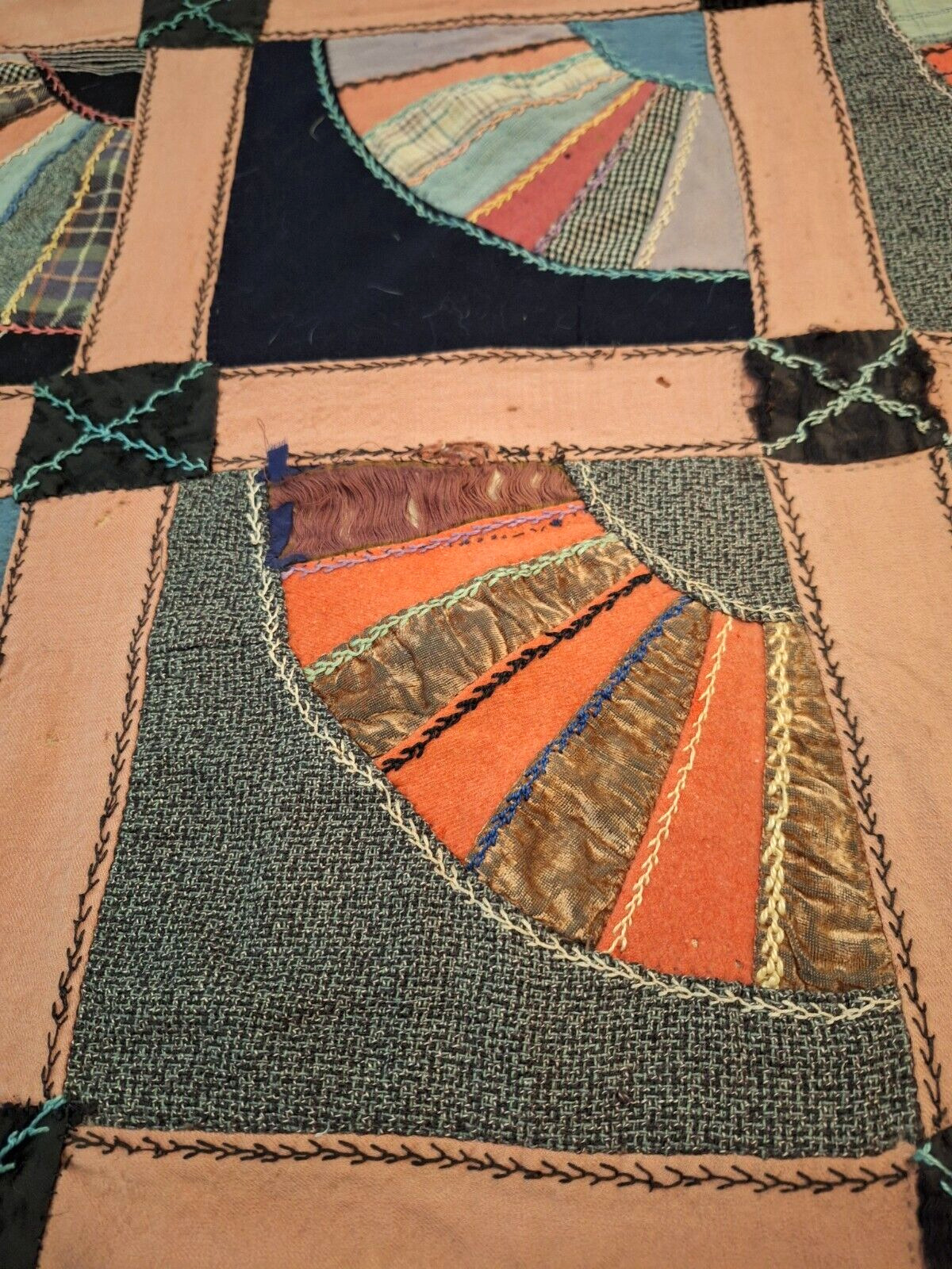 1800s Antique Silk Velvet Quilt with Embroidery