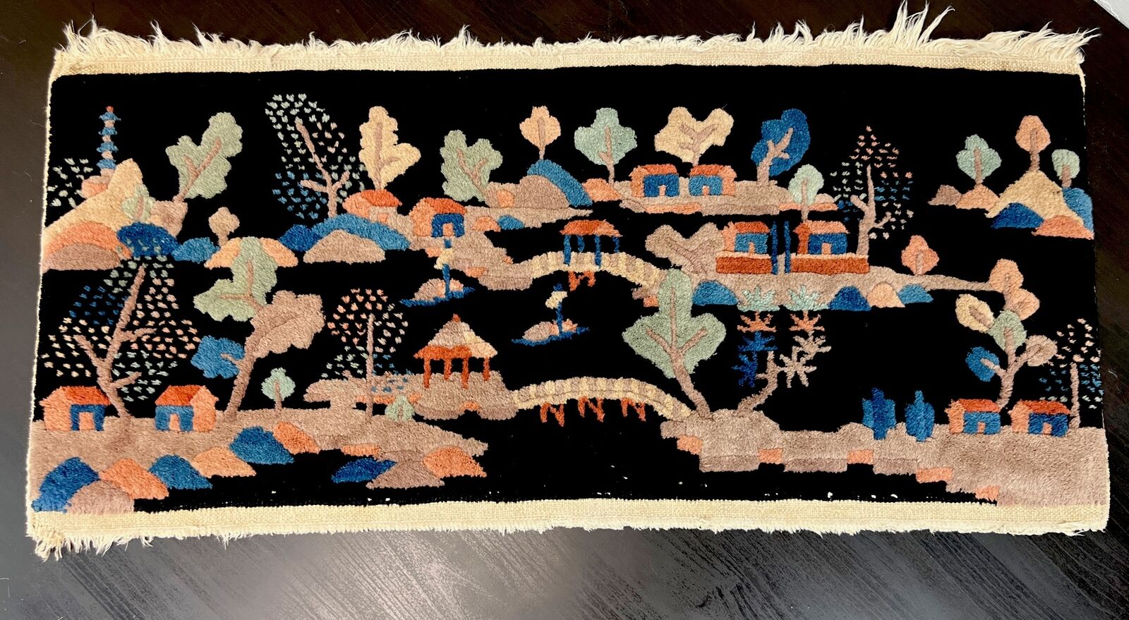 Antique Chinese Oriental Town Landscape Rug 16x35”