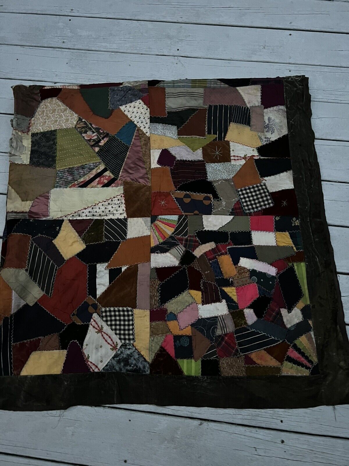 Victorian Crazy Quilt Top, 1800s Velvet Silk