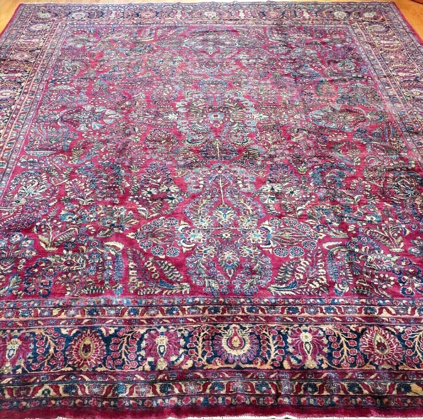 Large Vintage 1900s Sarouk Floral Wool Rug