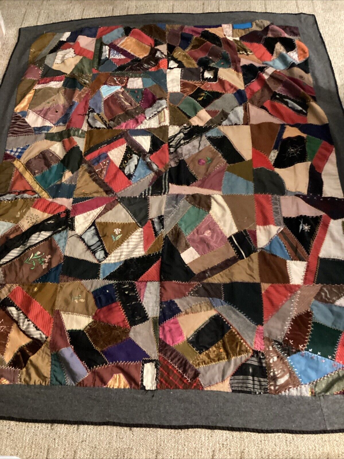 1800s Handmade Crazy Quilt with Wool Border 57" x 74