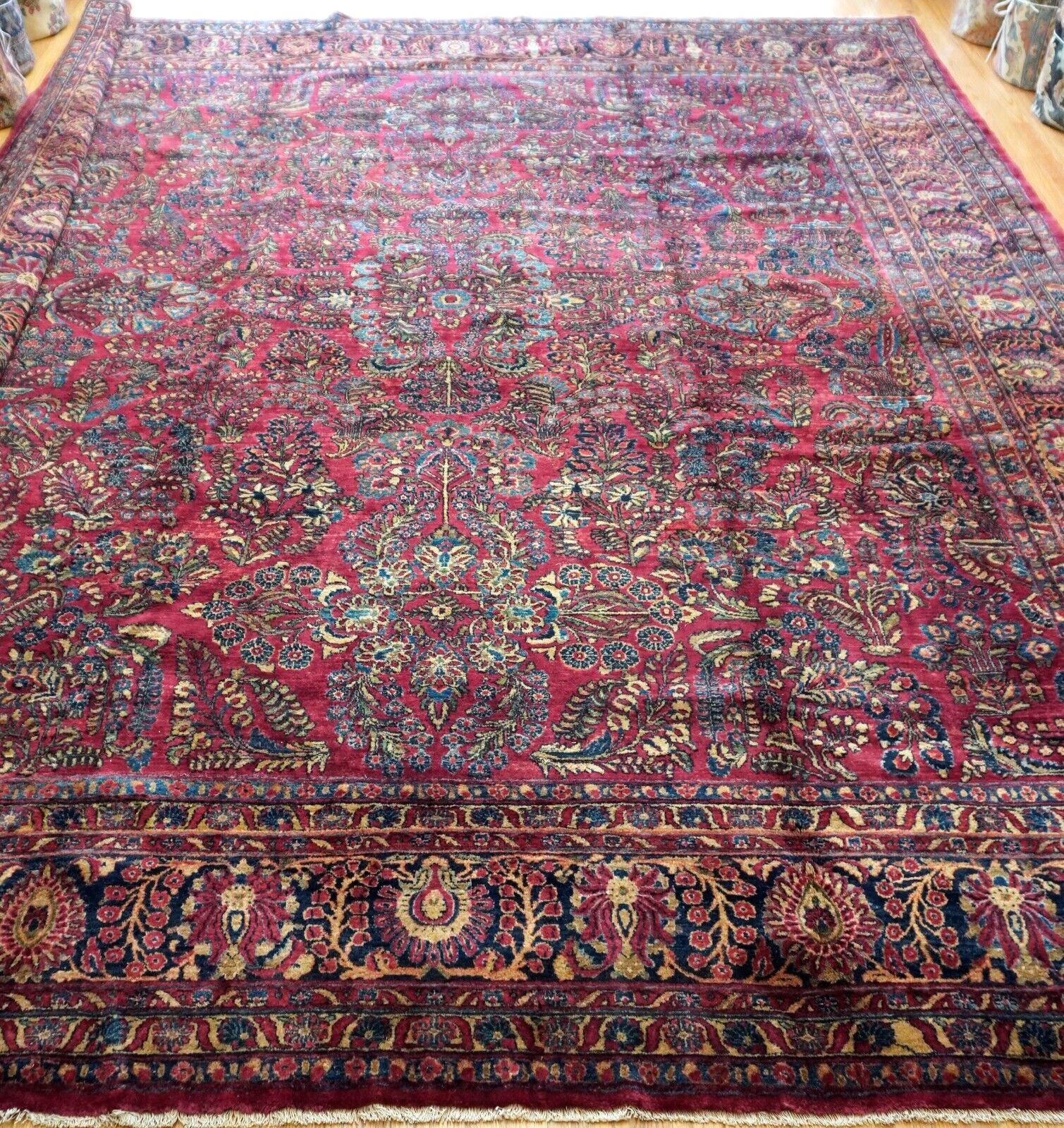 Large Vintage 1900s Sarouk Floral Wool Rug
