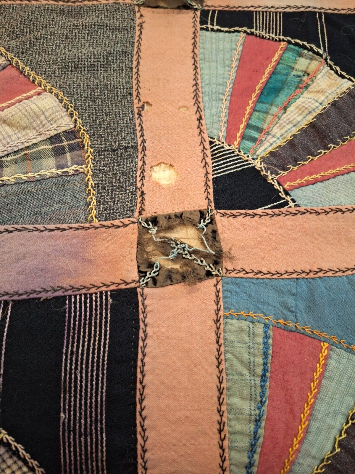 1800s Antique Silk Velvet Quilt with Embroidery