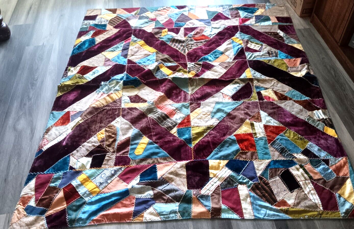 Victorian Silk Embroidered Crazy Quilt, 1888