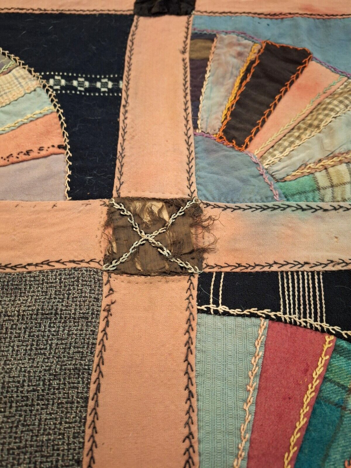 1800s Antique Silk Velvet Quilt with Embroidery