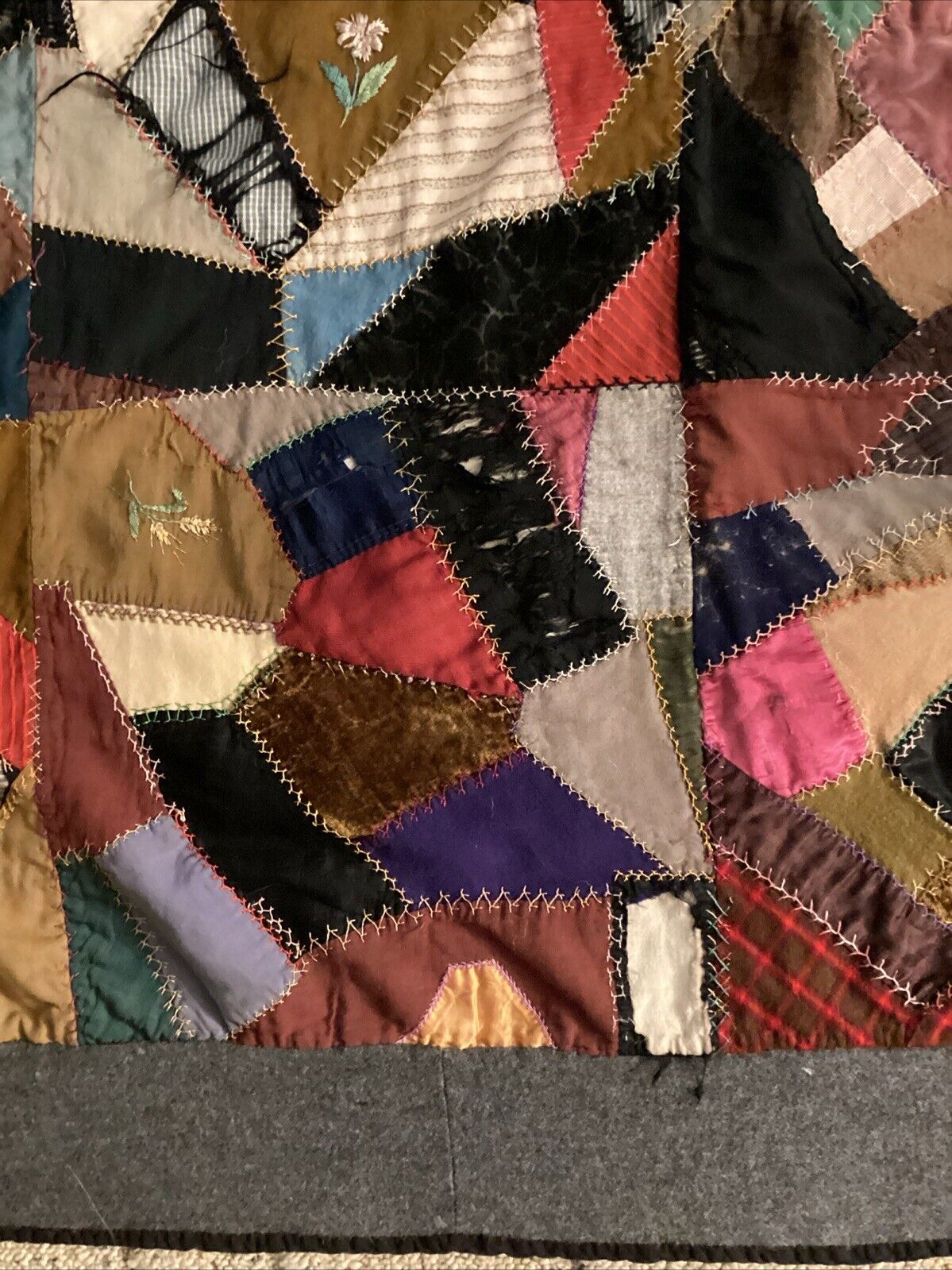 1800s Handmade Crazy Quilt with Wool Border 57" x 74