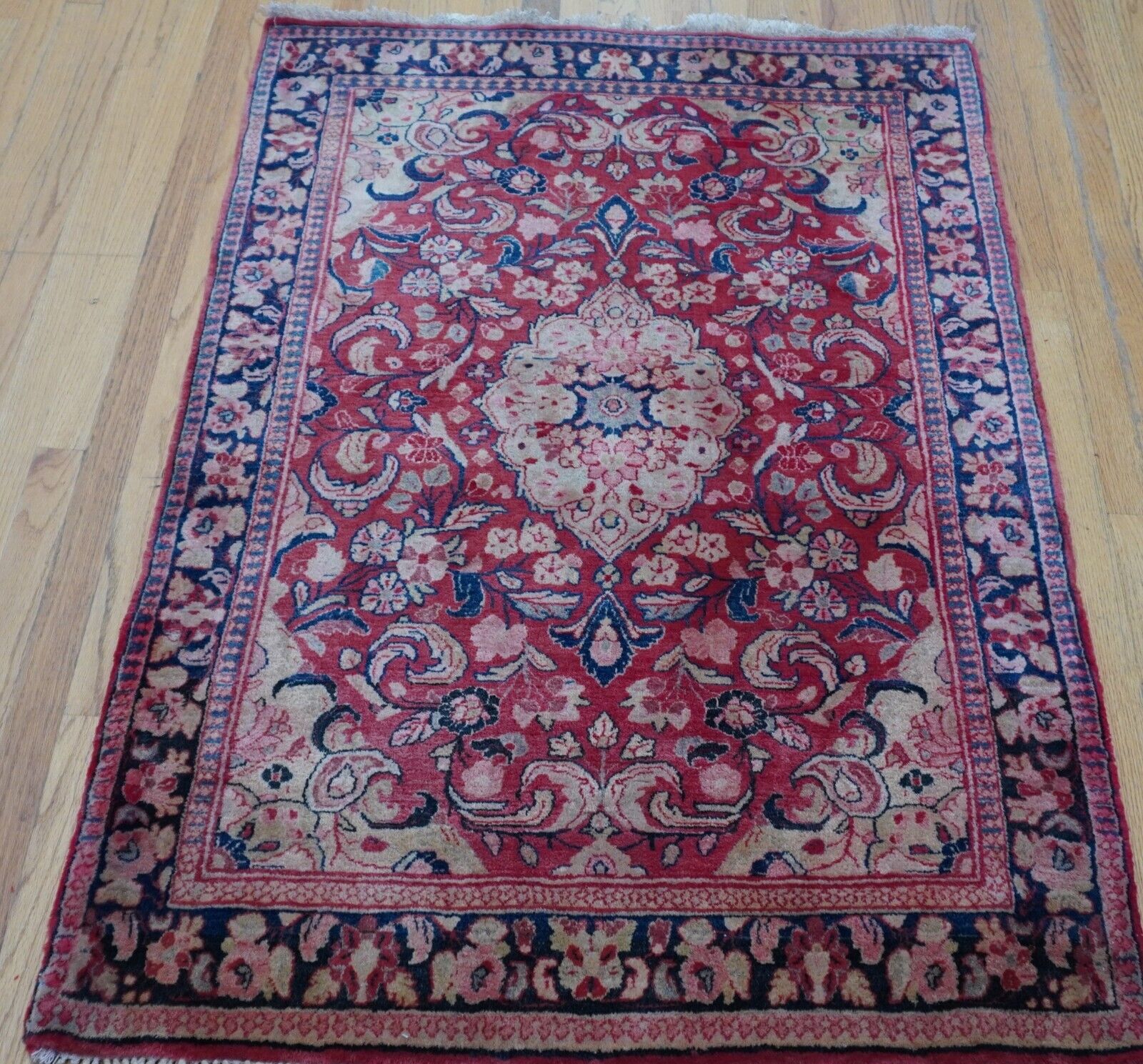 Floral Hand-Knotted Antique Saroukk Wool Rug 3'5" x 5