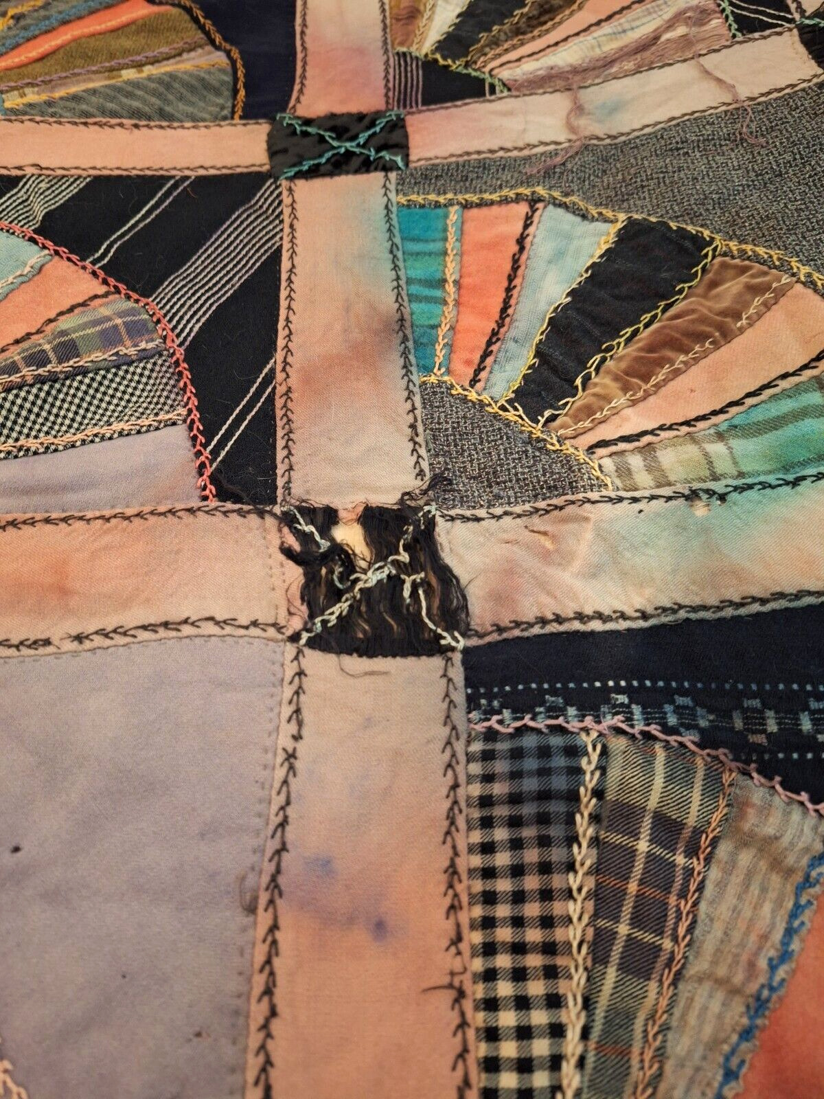 1800s Antique Silk Velvet Quilt with Embroidery