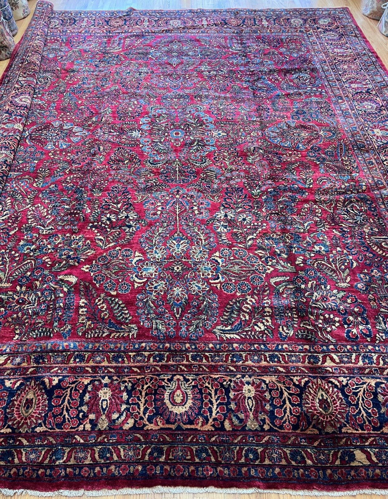 Large Vintage 1900s Sarouk Floral Wool Rug
