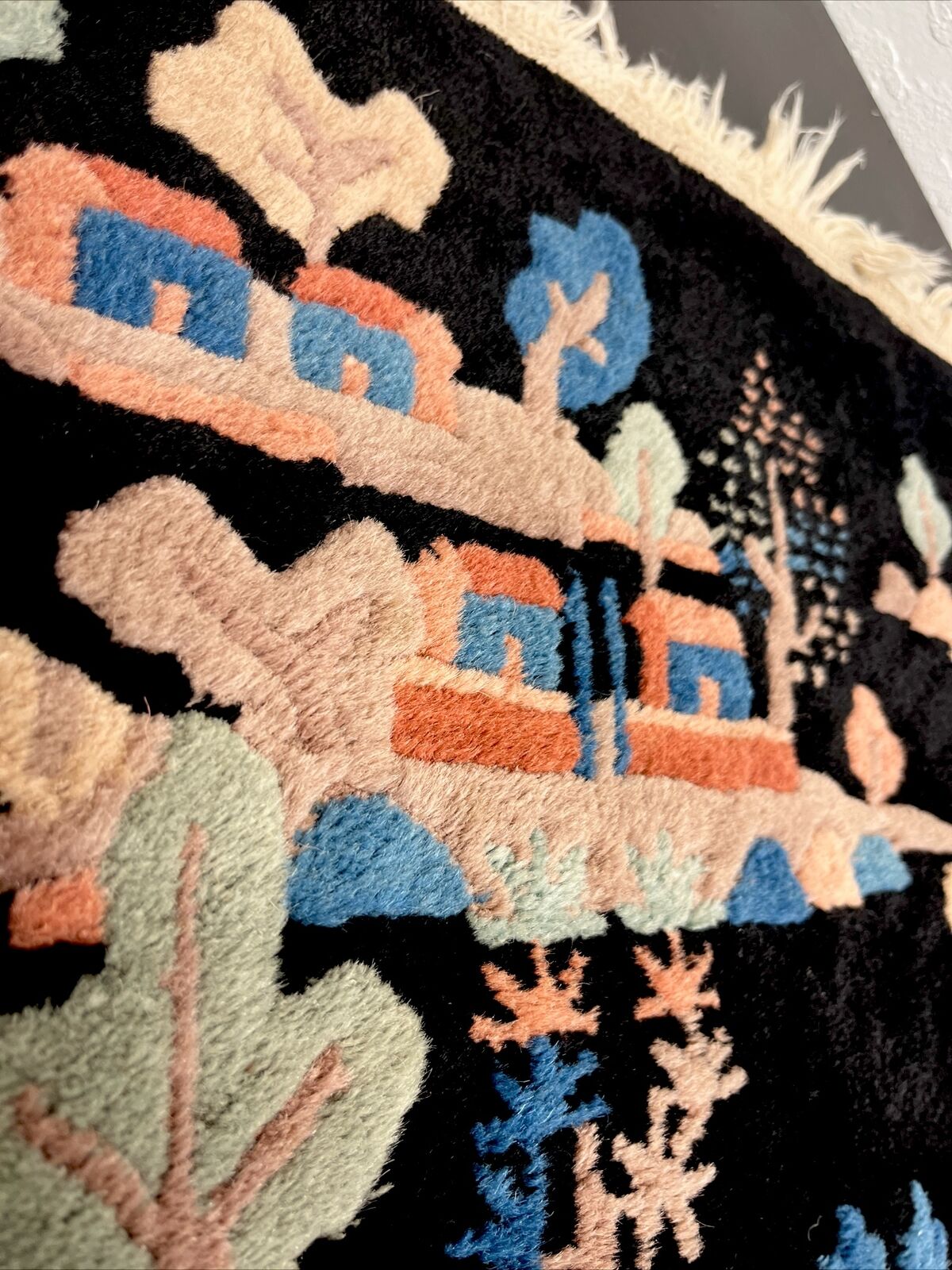 Antique Chinese Oriental Town Landscape Rug 16x35”