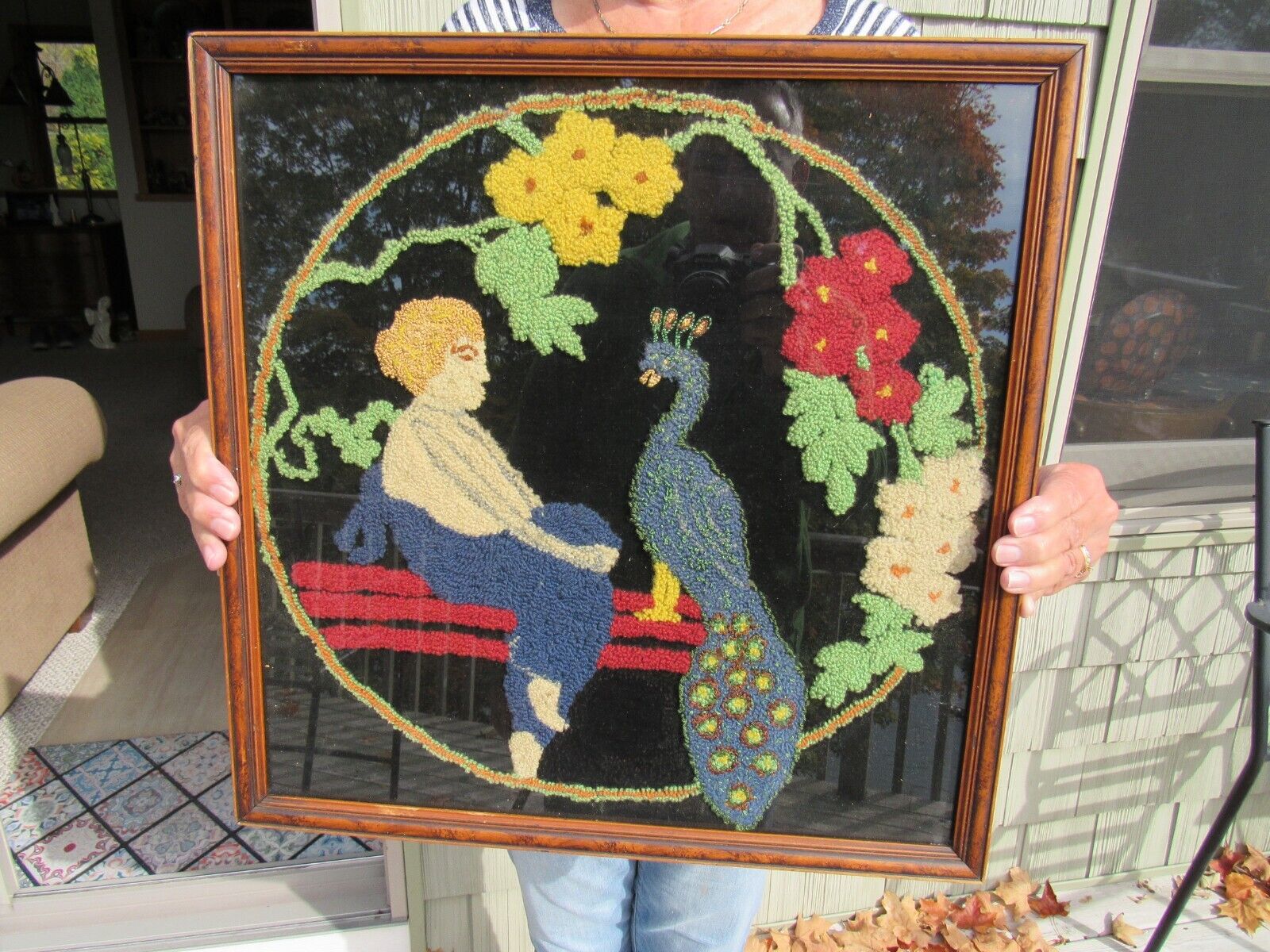 1800s Americana Hooked Rug with Woman & Peacock