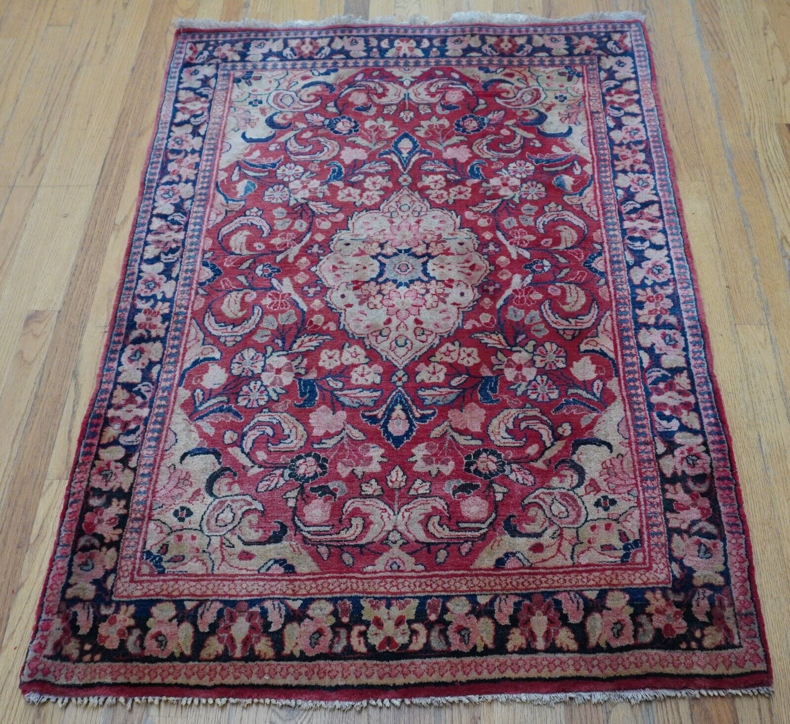 Floral Hand-Knotted Antique Saroukk Wool Rug 3'5" x 5