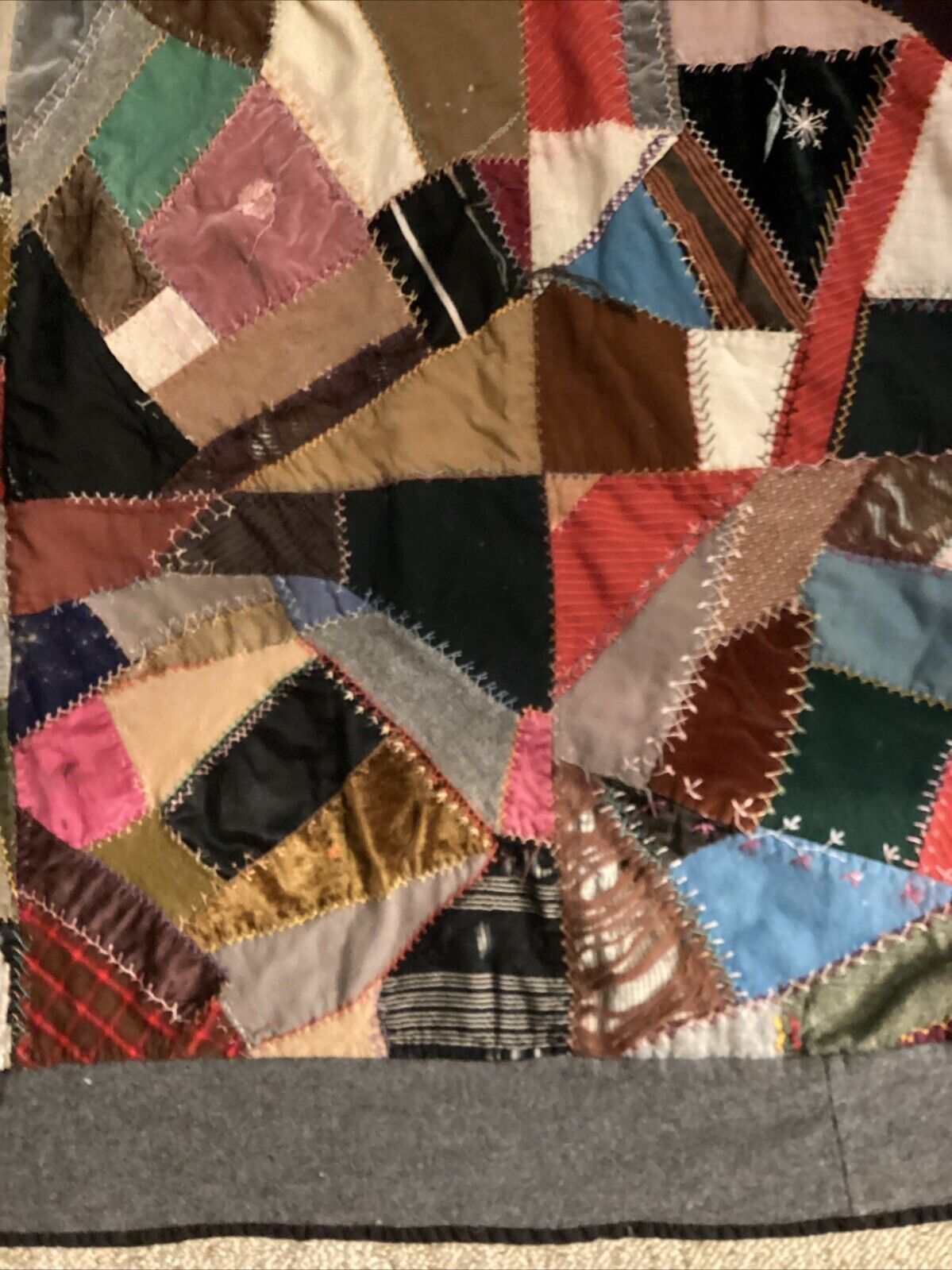 1800s Handmade Crazy Quilt with Wool Border 57" x 74