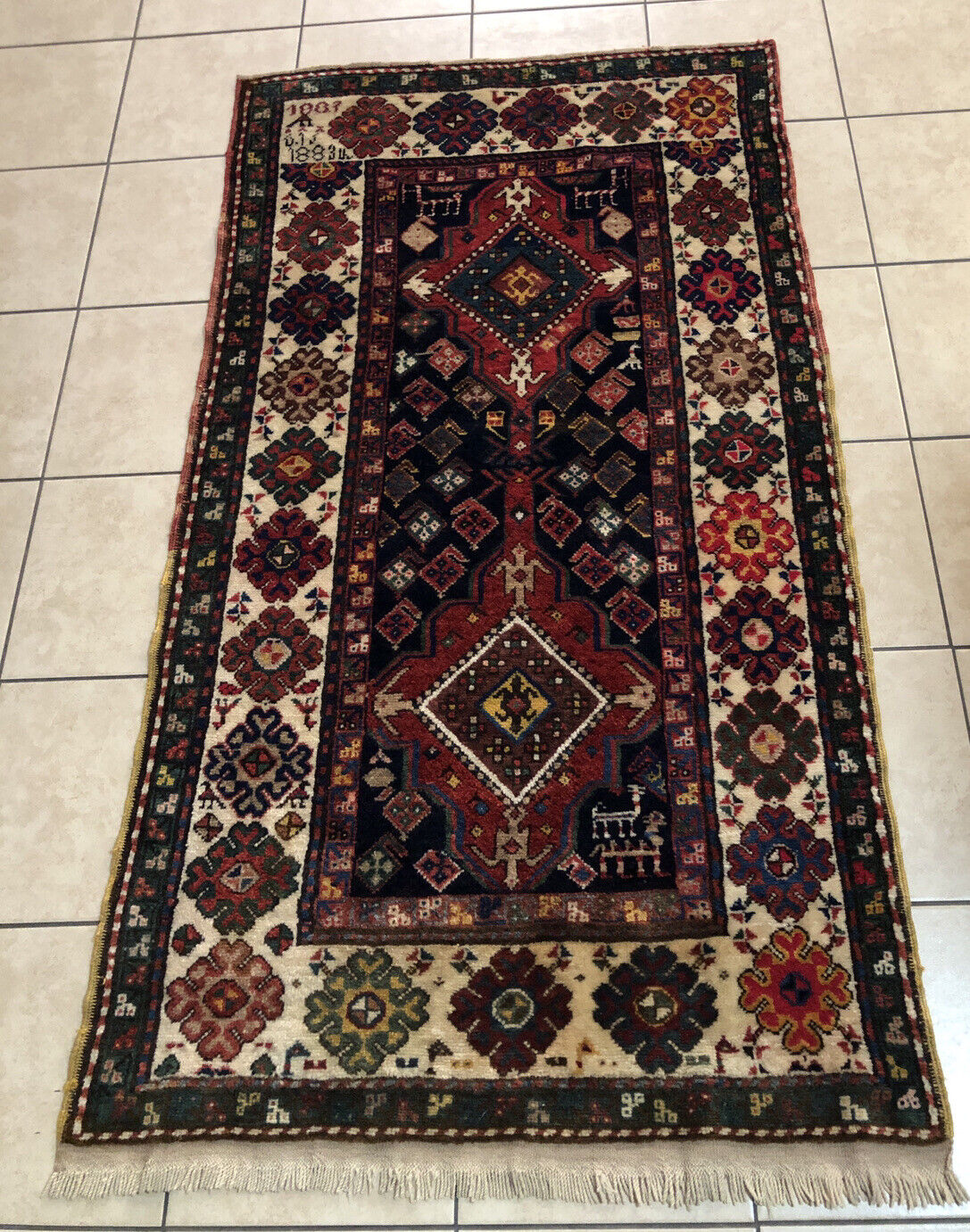 Antique 1883 Armenian Pictorial Caucasian Rug