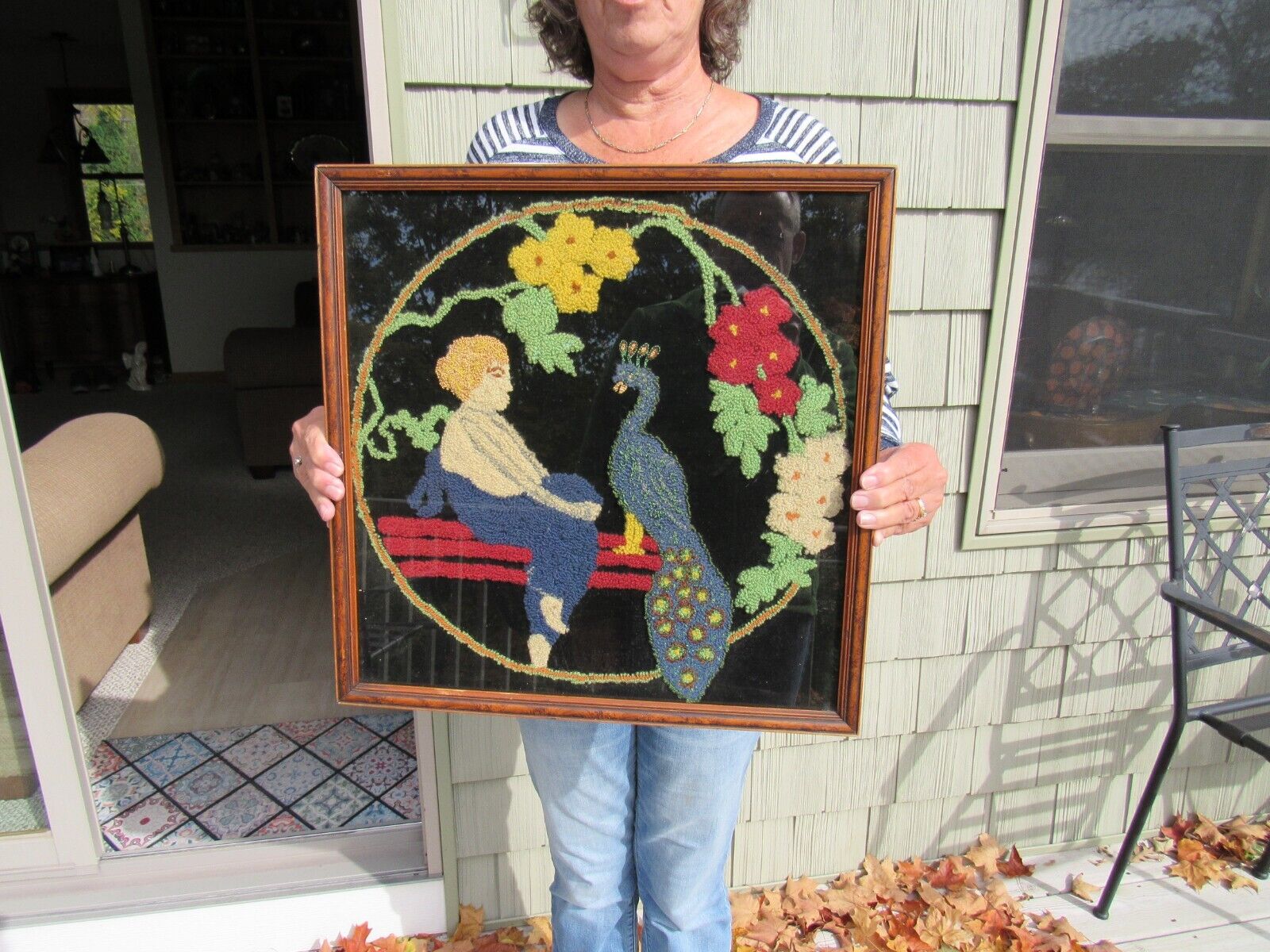 1800s Americana Hooked Rug with Woman & Peacock