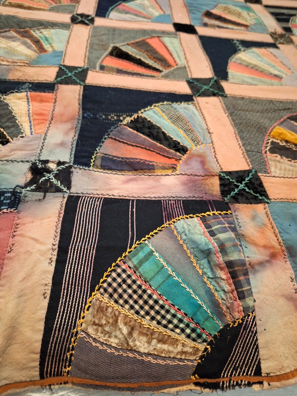 1800s Antique Silk Velvet Quilt with Embroidery