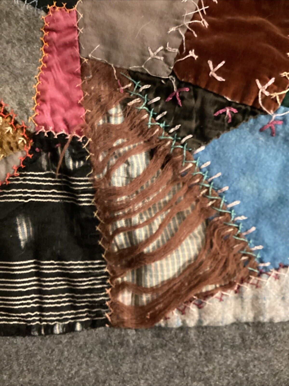1800s Handmade Crazy Quilt with Wool Border 57" x 74