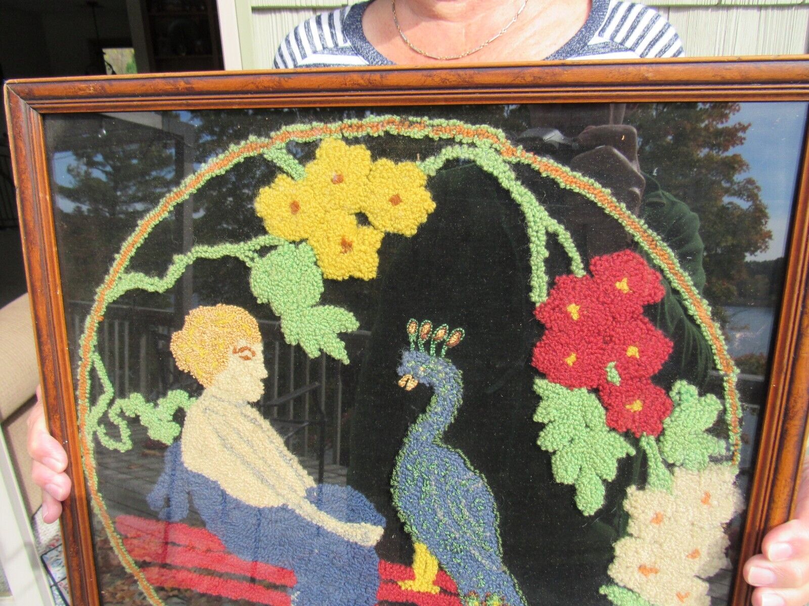 1800s Americana Hooked Rug with Woman & Peacock