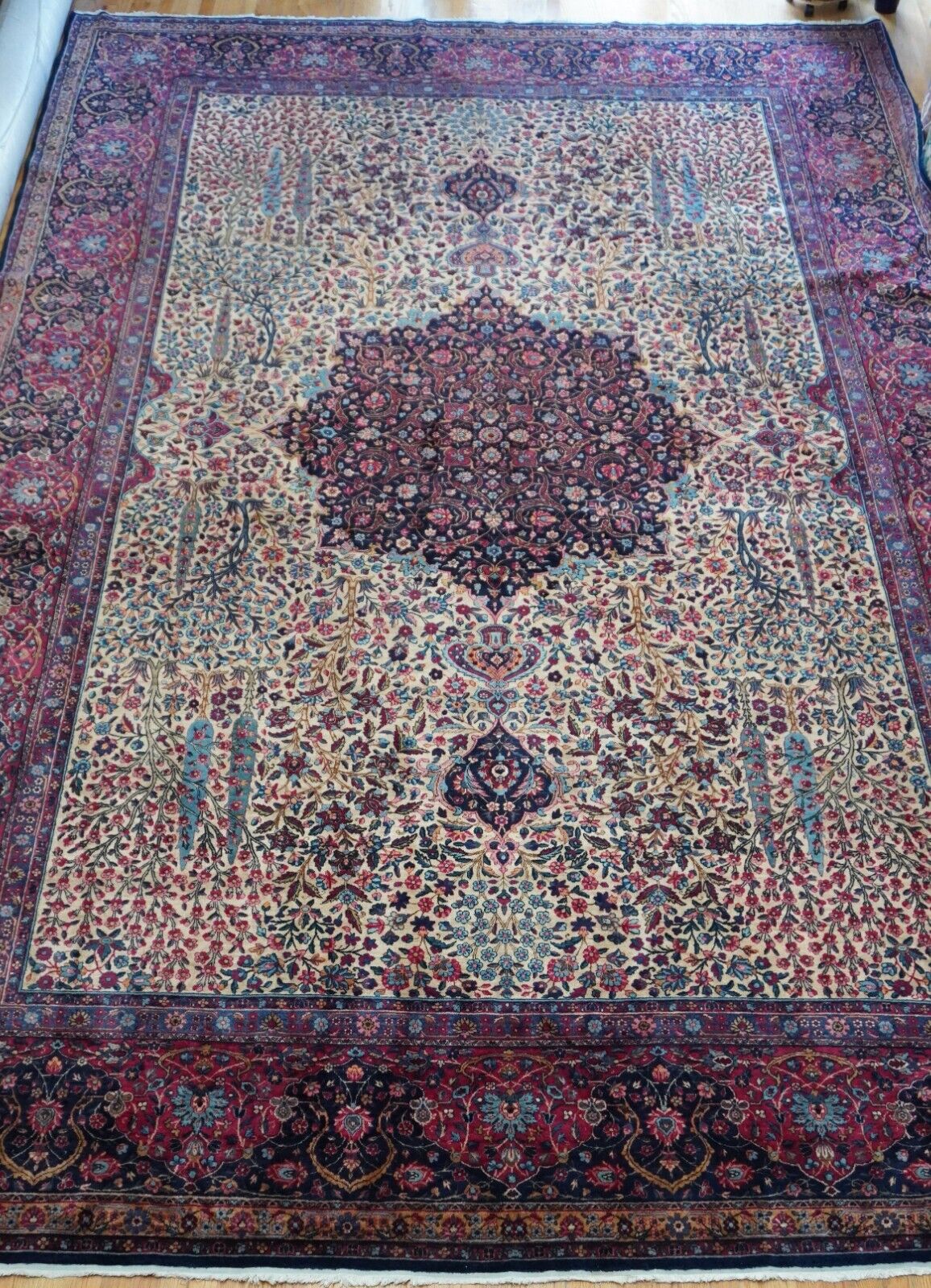 Antique Kermann Lavar Floral Hand-Knotted Wool Rug