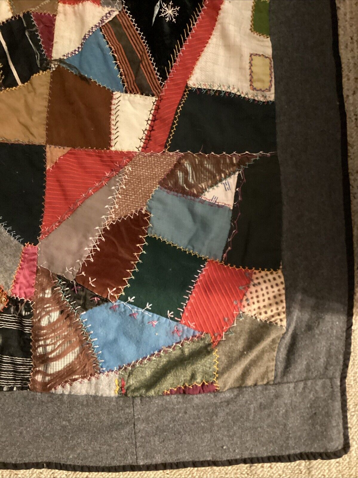 1800s Handmade Crazy Quilt with Wool Border 57" x 74